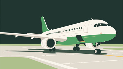 Obraz premium Modern Green and White Airplane Illustration on Runway Against Dark Background Ready For Travel