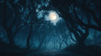 High-quality photo of magical forest with scary crooked black trees and moon at night, dark spooky woods. Cinematic landscape in strange fairy tale world. Concept of fantasy.