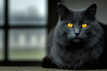 black cat with bright orange eyes. close up