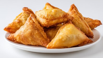 High-quality photo of indian special traditional street food punjabi samosa in plate on white background.