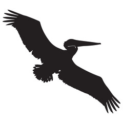 Silhouette of a majestic pelican soaring through the sky with its wings fully extended in flight