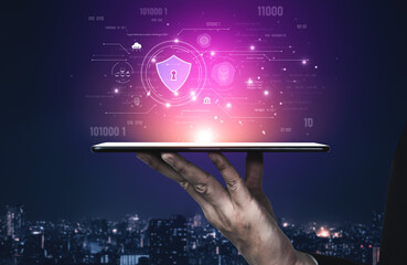 Cyber security interface with biometric and AI-powered protection system. Cyber security secures...