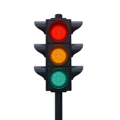 Traffic light with red, yellow, and green lights on transparent background  