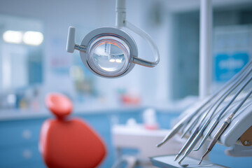 Dental chair and surgical light in sterile clinic interior