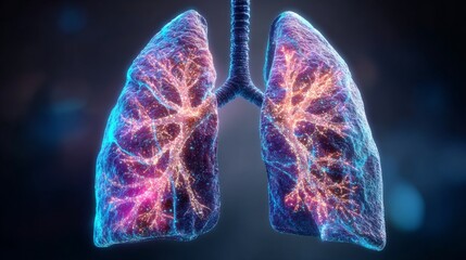 A vibrant, artistic rendering of the human lungs with visible airways and alveoli, highlighted with soft lighting to emphasize the respiratory system