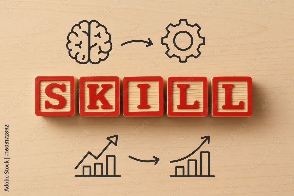 Poster skill development in focus: conceptual image of 'skill' formed by wooden blocks, complemented by ill