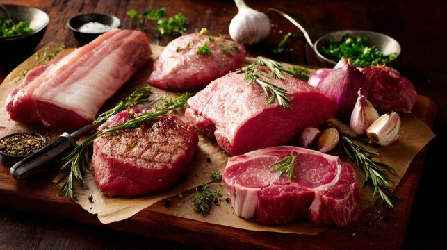 A vibrant display of various cuts of fresh meat, including beef, pork, and lamb, arranged on a butcher's block with garnishes of rosemary and garlic.