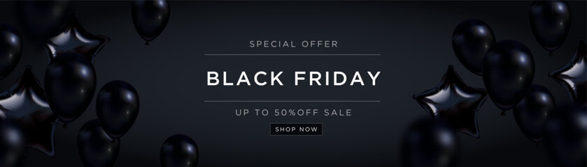 Floating glossy black balloons and star shapes on a dark background, promoting a Black Friday sale event with up to 50 off. Vector illustration