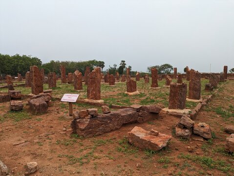 An image of the campus of the over 2,000-year-old Thotlakonda Buddhist Monastery, showing viharas, chaityas, a stepwell, etc., in the city of Visakhapatnam in Andhra Pradesh, India.