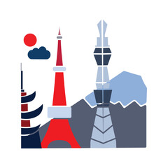 Toyeko City Iwith Monument and Mount Fuji Illustration