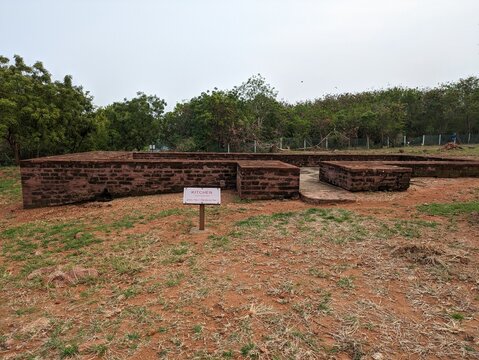 An image of the campus of the over 2,000-year-old Thotlakonda Buddhist Monastery, showing viharas, chaityas, a stepwell, etc., in the city of Visakhapatnam in Andhra Pradesh, India.