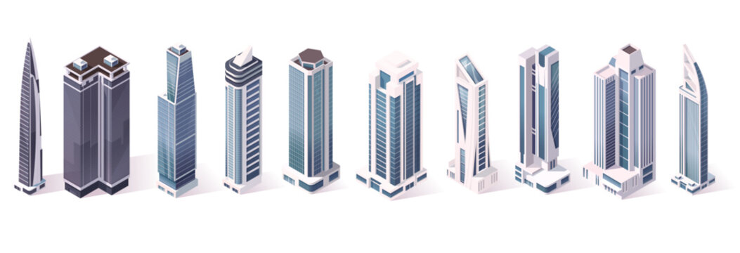 Collection of futuristic skyscraper buildings in isometric style on white background, representing modern urban development. Vector illustration