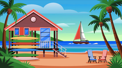 Coastal Paradise Illustration: Tropical Beach Scene with Hut, Palm Trees, Sailboat and Surfboards for Travel and Vacation