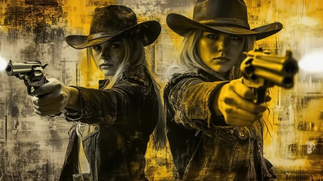 Two fearless cowgirls stand back-to-back in the wild west, guns drawn and ready for action