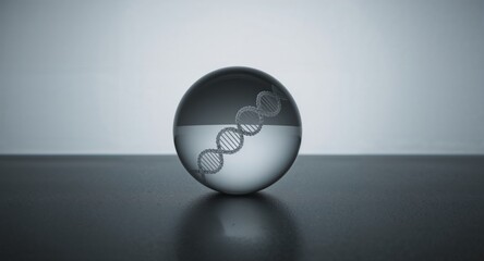 Glass orb with dna strand design sitting on a reflective surface against a light background scene view