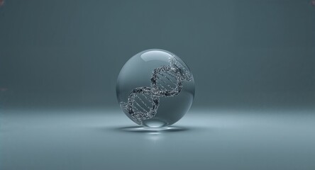 Dna helix inside a clear sphere resting on a reflective surface against a gray background studio shot