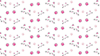 Playful Kitten & Paw Seamless Pattern – Calico Cat Cartoon Vector 