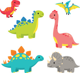 Cartoon dinosaur set with T-Rex, Stegosaurus, Brachiosaurus, Triceratops, Pterodactyl, colorful prehistoric animals, cute vector illustration, isolated © Creative Mind