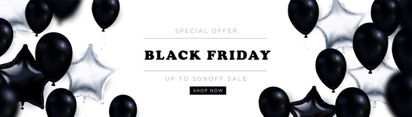 Black and silver foil and latex balloons floating on white background, glossy style, promoting a Black Friday sale event. Vector illustration
