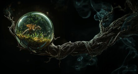A dragon inside a glass sphere on a gnarled branch with wisps of smoke in a dark fantasy setting
