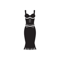 Stylish black formal dress with corset and embellishments,A simple, elegant black dress with a corset top and embellished waistline.