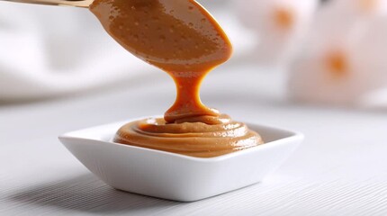 Sweet and creamy condiment being drizzled from a spoon, creating an enticing cascade of flavor and texture.
