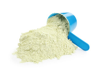 Green peas protein powder and scoop isolated on white