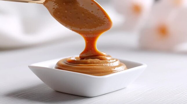 Sweet and creamy condiment being drizzled from a spoon, creating an enticing cascade of flavor and texture.