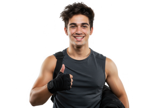 Smiling man in gym attire gives thumbs up isolated on transparent background