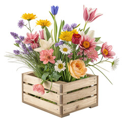 Vibrant Spring Flowers in Wooden Crate Isolated On Transparent Background