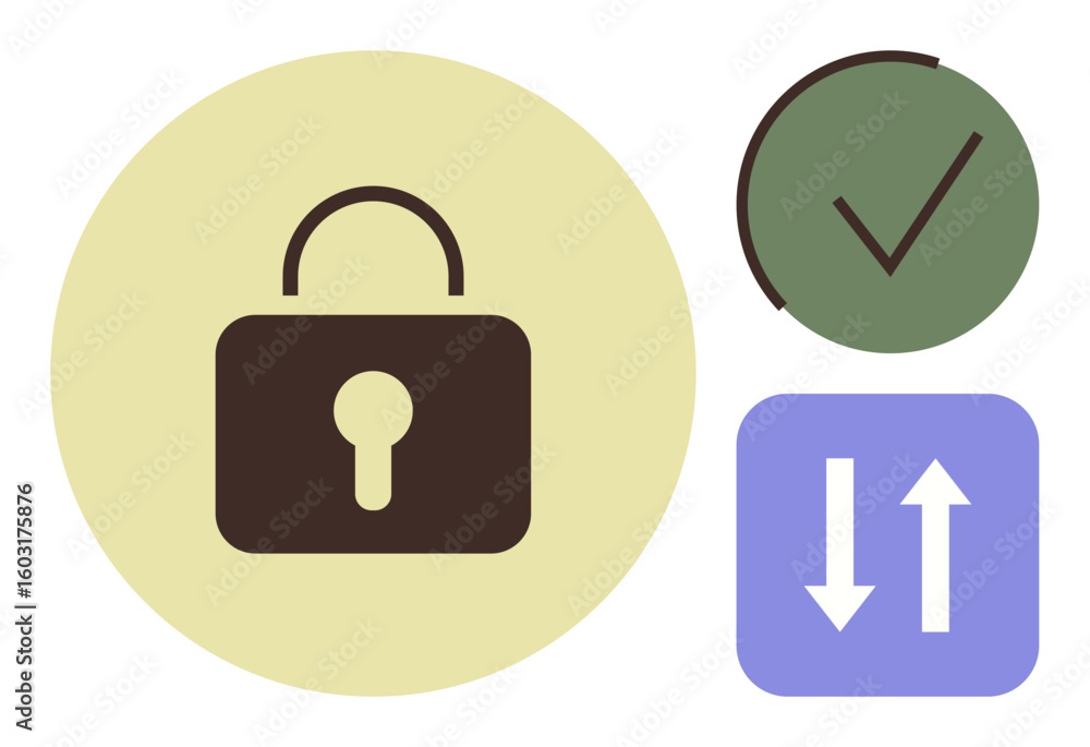 Poster locked padlock for security, green checkmark for confirmation, and bidirectional arrows for data flo