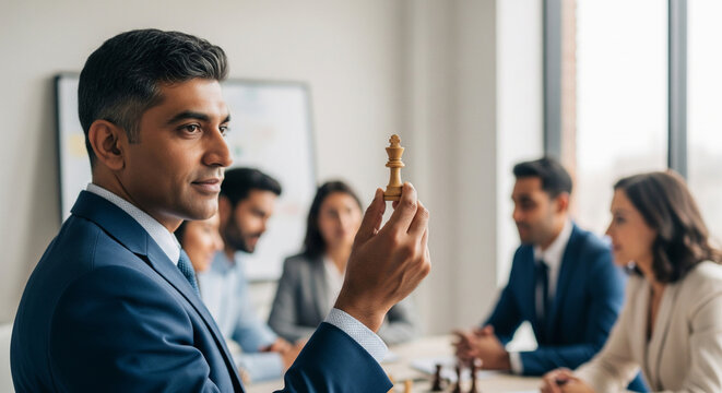 Team leader holding chess piece, financial chess strategy concept, leadership strategy in business