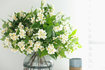 Fototapeta premium Beautiful jasmine flowers in vase and decor indoors, closeup