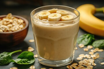 A close-up of a smoothie made with oats, spinach, and banana, served in a glass