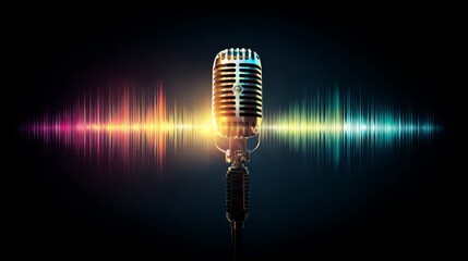 A visual representation of sound waves emanating from a microphone, illustrated with vibrant colors against a dark background, symbolizing audio energy