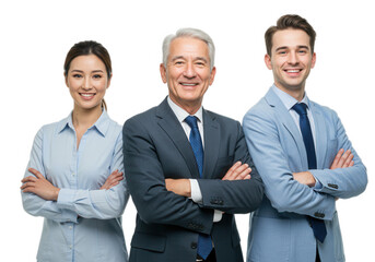 Business team of three smiling with arms crossed isolated on transparent background