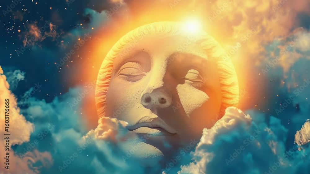 Poster a man's face appears in the clouds with the sun shining through in the background