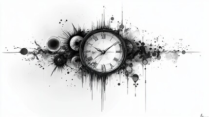 Primitive tribal clock drawn with ink swirls, sun shapes, and abstract time markers.