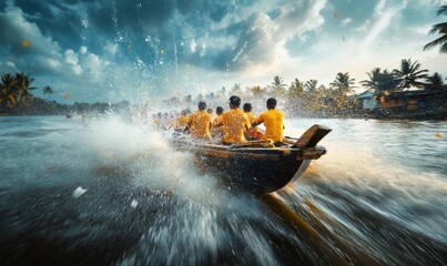Rowers wearing yellow uniforms are paddling fast on a boat, creating splashes and sprays of water, during onam festival celebration in kerala backwaters, india