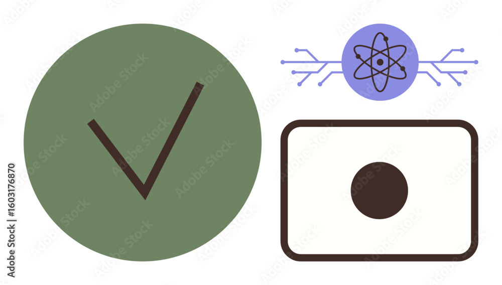 Poster green circle with check mark, atomic structure with connection lines, black dot in frame. ideal for 