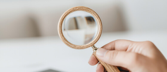 Close up of hand holding wooden magnifying glass, symbolizing focus, attention to detail, and exploration. background is softly blurred, emphasizing magnifying glass
