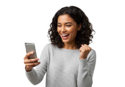 Excited woman looking at phone and celebrating isolated on transparent background