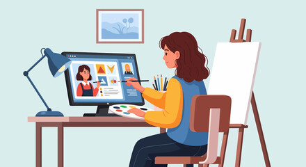 Woman painting online with a palette and brush, learning from a computer screen.