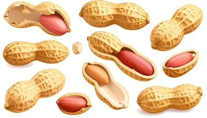 Realistic peanuts in shells, various views