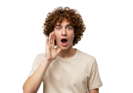 Surprised man with curly hair shouting with hand near mouth isolated on transparent background