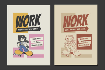 retro poster with a handyman cat character, vector illustration