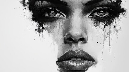  Simple ink splashes creating dynamic tribal face with expressive emotional marks.