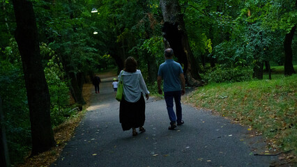 Fototapeta premium Couples stroll through a serene park path surrounded by lush greenery in the early evening light