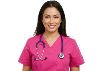 Smiling nurse in pink scrubs with stethoscope isolated on transparent background