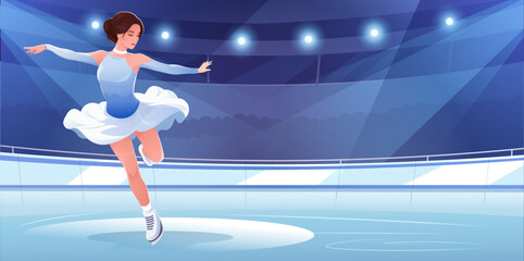 Woman figure skater in blue dress spinning on ice rink, cartoon style, spotlight-lit stadium background, concept of performance and grace. Vector illustration © GN.STUDIO